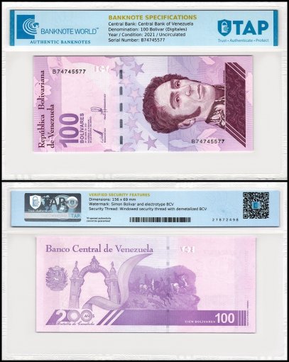 Venezuela 100 Bolivar Digital (Digitales) Banknote, 2021, P-119, UNC - 100 Million Soberano, TAP Authenticated