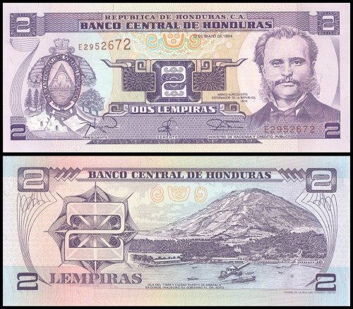Honduras 2 Lempiras Banknote, 1994, P-72c, UNC