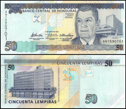 Honduras 50 Lempiras Banknote, 2010, P-94c, UNC
