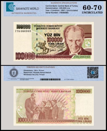 Turkey 100,000 Lira Banknote, L.1970 (1997 ND), P-206a.1, UNC, Prefix I, TAP 60-70 Authenticated