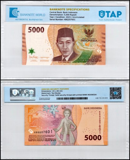 Indonesia 5,000 Rupiah Banknote, 2023, P-164a.2, UNC, TAP Authenticated