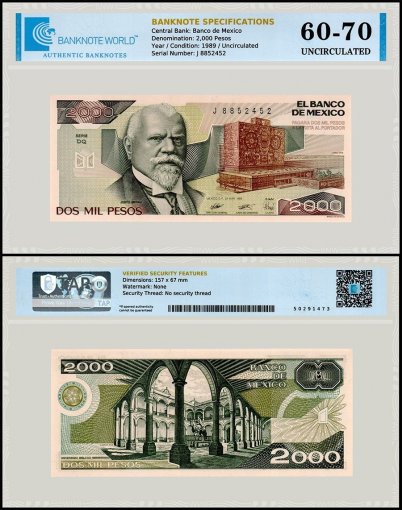 Mexico 2,000 Pesos Banknote, 1989, P-86c.12, UNC, Series DQ, TAP 60-70 Authenticated