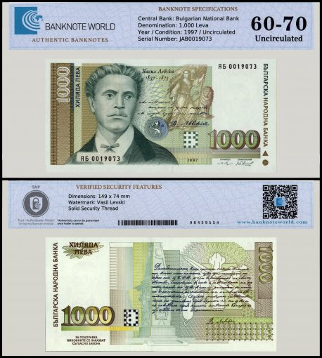 Bulgaria 1,000 Leva Banknote, 1997, P-110, UNC, TAP 60-70 Authenticated