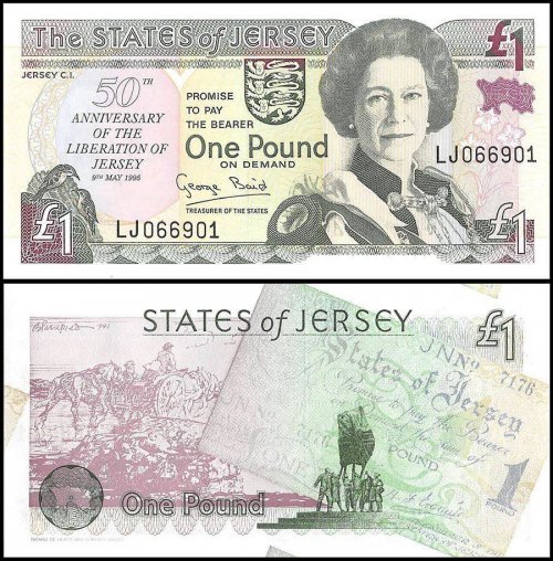 Jersey 1 Pound Banknote, 1995, P-25, UNC, 50th Anniversary Commemorative Note, Queen Elizabeth II