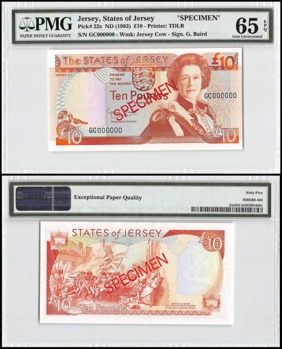 Jersey 10 Pounds, ND 1993, P-22s, GC Series, Queen Elizabeth II, Specimen, PMG 65