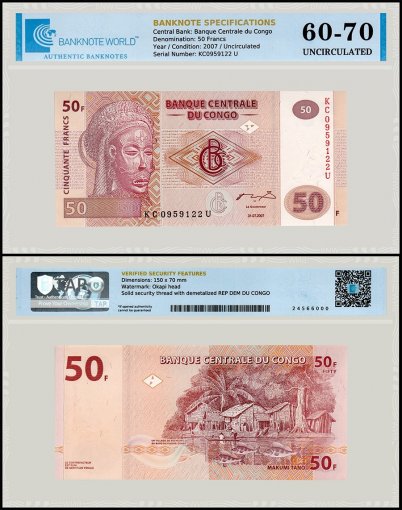 Congo Democratic Republic 50 Francs Banknote, 2007, P-97a.1, UNC, TAP 60-70 Authenticated