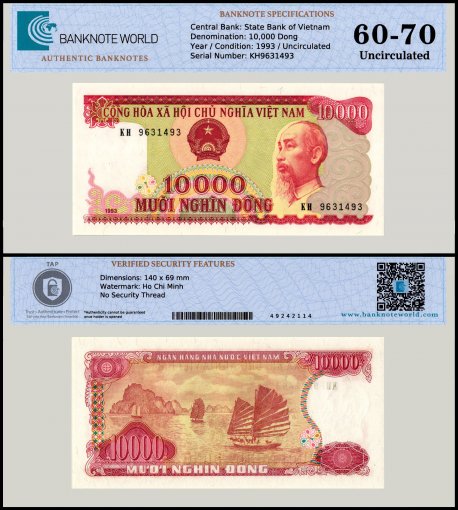 Vietnam 10,000 Dong Banknote, 1993, P-115, UNC, TAP Authenticated