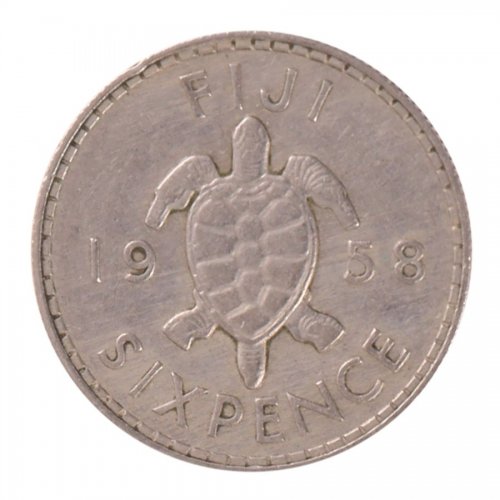 Fiji 6 Pence Coin, 1958, KM #19, Mint, Queen Elizabeth II, Turtle
