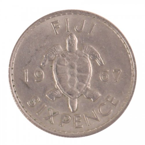 Fiji 6 Pence Coin, 1967, KM #19, XF-Extremely Fine, Queen Elizabeth II, Turtle