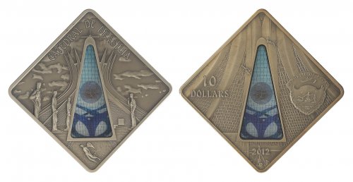 Palau 10 Dollars Silver Coin, 2012, KM #414, Mint, Catedral de Brasilia, Coat of Arms