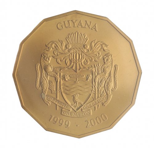 Guyana 2000 Dollars Coin, 1999-2000, KM #53a, Mint, Millennium Crown, Coat of Arms