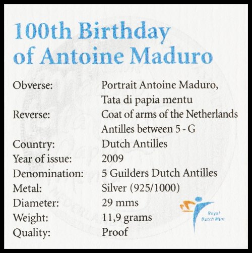 Netherlands Antilles 5 Gulden Silver Coin, 2009, KM #79, Mint, Commemorative, Antoine Maduro, Coat of Arms, In Box