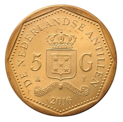 Netherlands Antilles 5 Gulden Coin, 2016, N #68064, Mint, King Willem-Alexander, Coat of arms