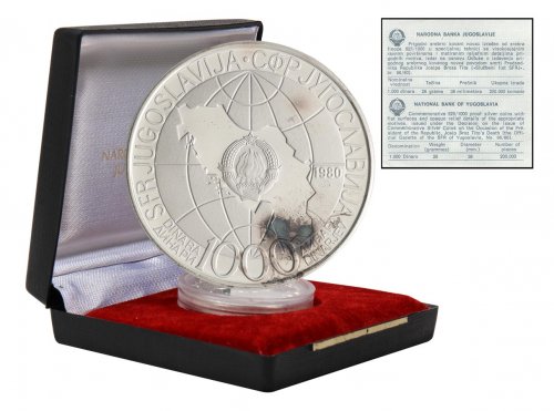 Yugoslavia 1,000 Dinara Silver Coin, 1980, KM #78a, Mint, Commemorative, Map, Joseph Tito , In Box