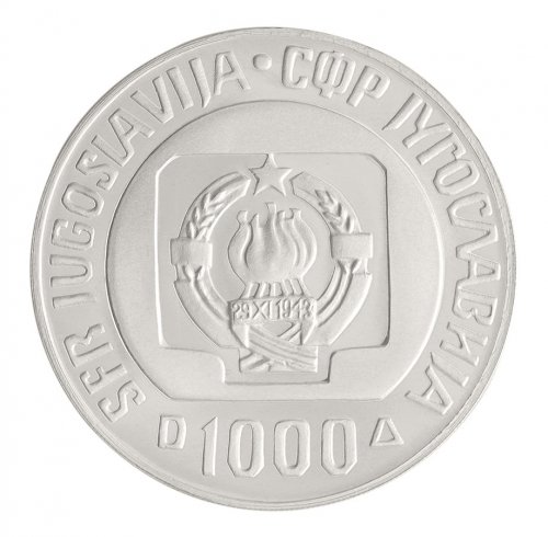 Yugoslavia 1,000 Dinara Silver Coin, 1985, KM #117, Mint Mint, Commemorative, Ski Jumping Championship, In Box