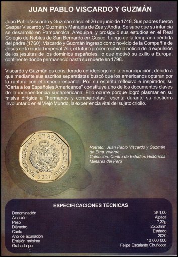 Peru 1 Sol Coin, 2020, KM #4013, Mint, Commemorative, Packed, Juan Pablo Viscardo y Guzman, Coat of Arms
