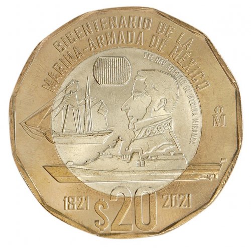 Mexico 20 Pesos Coin, 2022 ND, N #343433, Mint, Commemorative, Bicentennial of the Mexican Navy