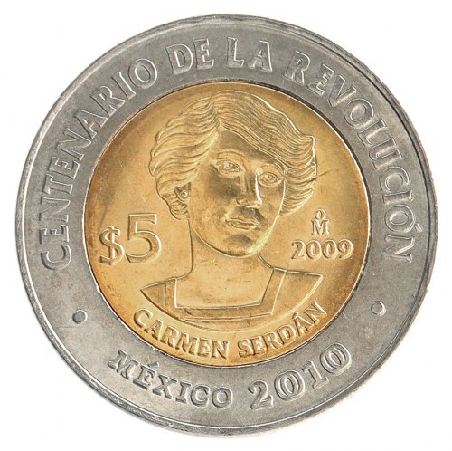Mexico 5 Pesos Coin, 2009, KM #909, Mint, Commemorative, Carmen Serdan, Coat of Arms