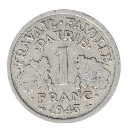 France 1 Franc Coin, 1942-1944, KM #902, F-Fine, Double-headed Axe