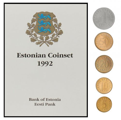 Estonian 1 Kroon-50 Senti, 5 Pieces Coin Set, 1992, KM # 21-24, Mint