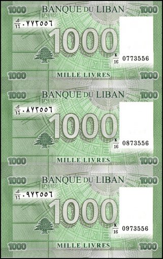 Lebanon 1,000 Livres Banknote, 2012, P-90b, UNC, 3 Pieces Uncut Sheet