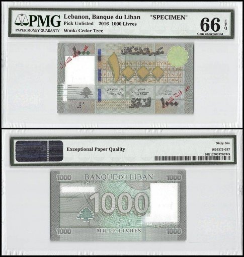 Lebanon 1,000 Livres, 2012, P-90b, Specimen, PMG 66