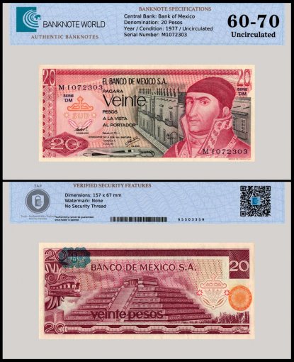 Mexico 20 Pesos Banknote, 1977, P-64d, UNC, Series DM, TAP 60-70 Authenticated