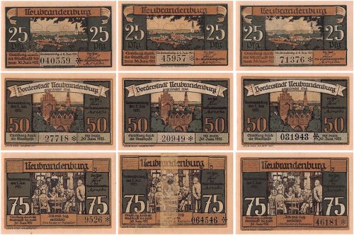 Neubrandenburg 25 - 75 Pfennig 9 Pieces Notgeld Set, 1921, Mehl #935.2, UNC
