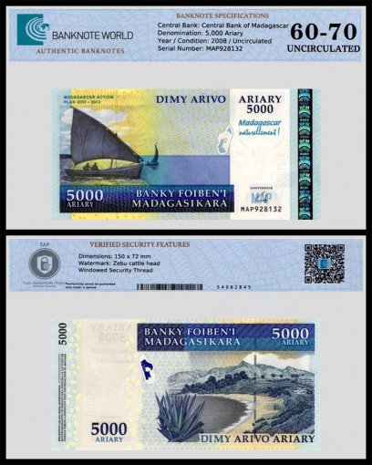 Madagascar 5,000 Ariary Banknote, 2008 ND, P-94a, UNC, Commemorative, TAP 60-70 Authenticated