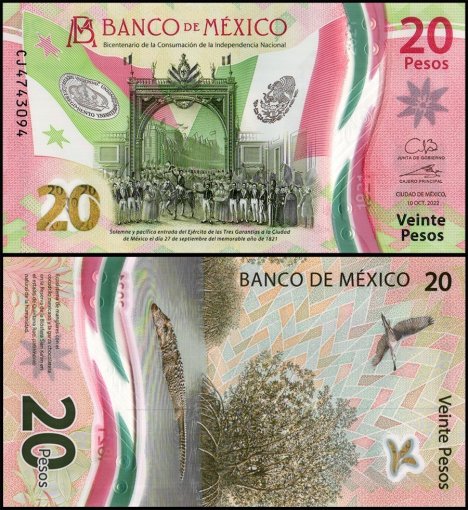 Mexico 20 Pesos Banknote, 2022, P-132g.5, UNC, Commemorative, Polymer