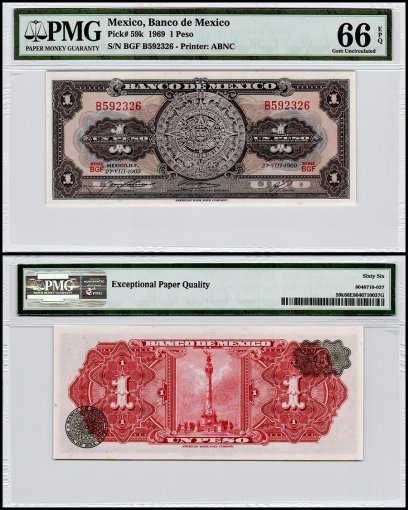 Mexico 1 Peso Banknote, 1969, P-59k, Series BGF, PMG 66