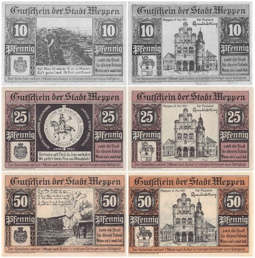 Meppen 10 - 50 Pfennig 3 Pieces Notgeld Set, 1921, Mehl #883, UNC