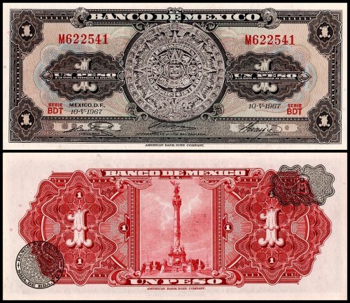 Mexico 1 Peso Banknote, 1967, P-59j.5, UNC, Series BDT