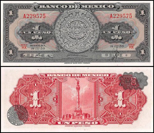 Mexico 1 Peso Banknote, 1959, P-59e, UNC, Series HX