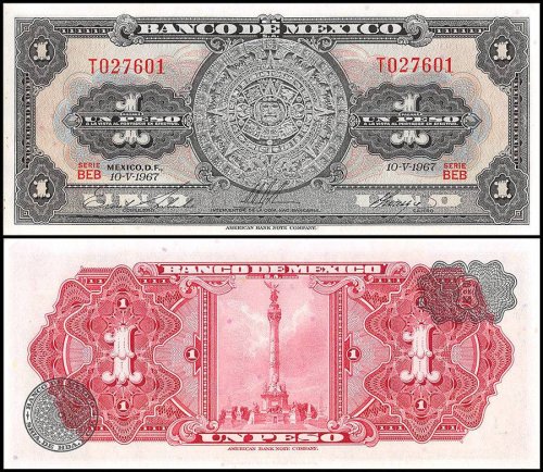 Mexico 1 Peso Banknote, 1967, P-59j, UNC, Series BEB