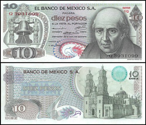 Mexico 10 Pesos Banknote, 1969, P-63b, UNC, Series 1Q