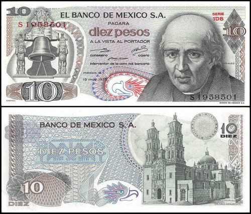 Mexico 10 Pesos Banknote, 1975, P-63h, UNC, Series 1DS