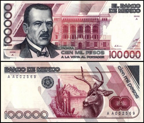 Mexico 100,000 Pesos Banknote, 1988, P-94a.1, UNC, Series A