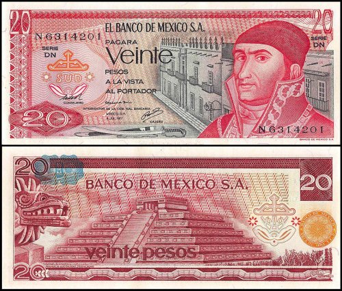 Mexico 20 Pesos Banknote, 1977, P-64d, UNC, Series DN