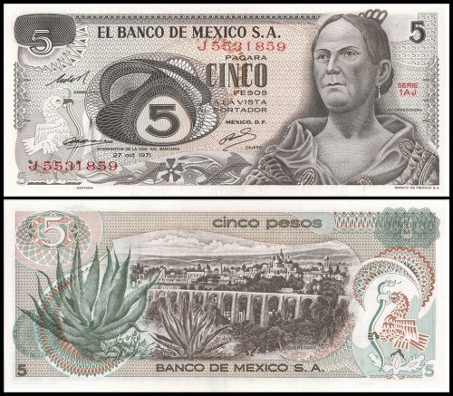 Mexico 5 Pesos Banknote, 1971, P-62b.2, UNC, Series 1AJ