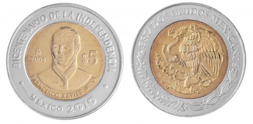 Mexico 5 Pesos Coin, 2008, KM # 898, Mint, Bicentenary, Francisco Xavier Mina