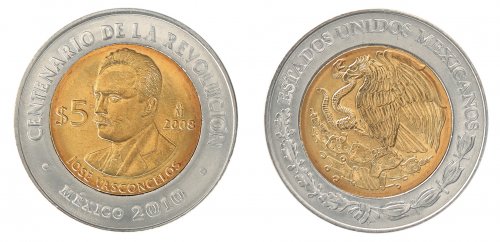 Mexico 5 Pesos Coin, 2008, KM #897, Mint, Commemorative, Jose Vasconcelos, Coat of Arms
