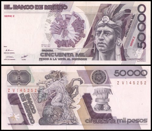 Mexico 50,000 Pesos Banknote, 1987, P-93a.4, UNC, Series Z
