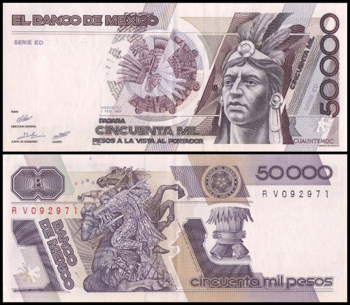 Mexico 50,000 Pesos Banknote, 1988, P-93a.10, UNC, Series ED