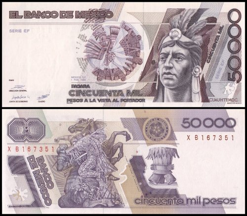 Mexico 50,000 Pesos Banknote, 1988, P-93a.10, UNC, Series EF