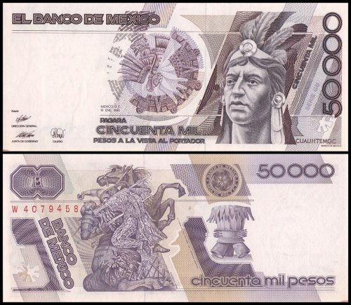 Mexico 50,000 Pesos Banknote, 1990, P-93b.2, UNC, Series GB