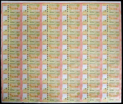 Lebanon 10,000 Livres Banknote, 2012, P-92a, UNC, 60 Pieces Uncut Sheet