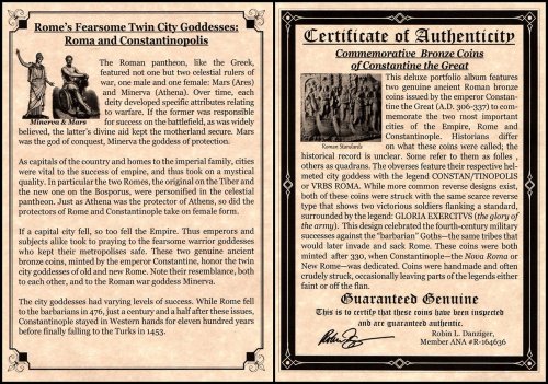 Rome's Fearsome Twin City Goddesses: Roma and Constantinopolis, 2 Bronze Coins of Constantine the Great, Commemorative w/ COA