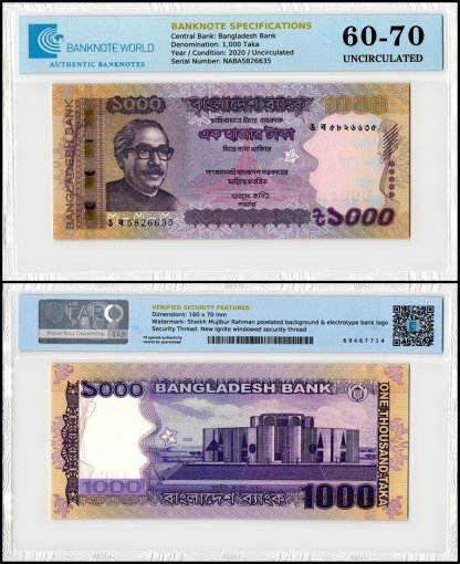 Bangladesh 1,000 Taka Banknote, 2020, P-59j, UNC, TAP 60-70 Authenticated