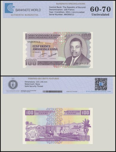 Burundi 100 Francs Banknote, 2011, P-44b, UNC, TAP 60-70 Authenticated